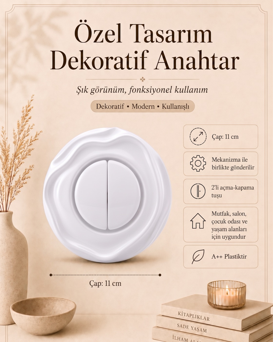 Özel Tasarım Wavy Serisi Beyaz Renk Dekoratif Anahtar A Kalite Plastik (Mekanizma Dahildir)