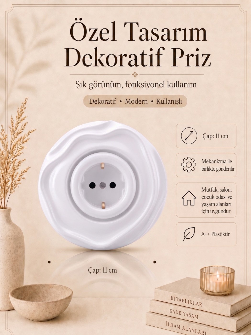 Özel Tasarım Wavy Serisi Beyaz Renk Dekoratif Priz A Kalite Plastik (Mekanizma Dahildir)