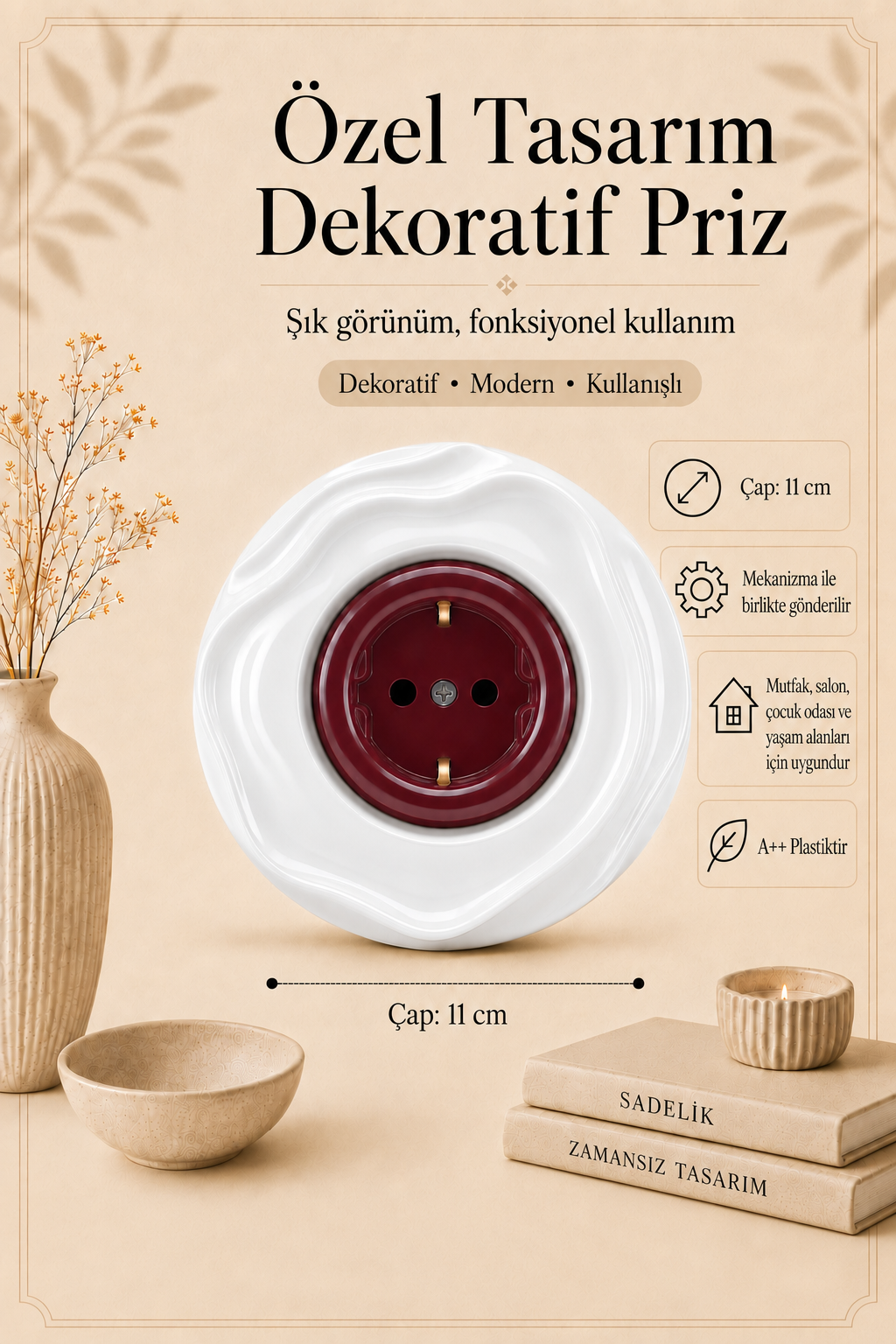 Özel Tasarım Wavy Serisi Dış Beyaz İç Bordo Dekoratif Priz A Kalite Plastik (Mekanizma Dahildir)