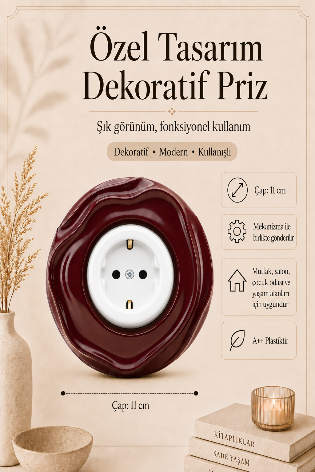 Özel Tasarım Wavy Serisi Dış Bordo İç Beyaz Dekoratif Priz A Kalite Plastik (Mekanizma Dahildir)