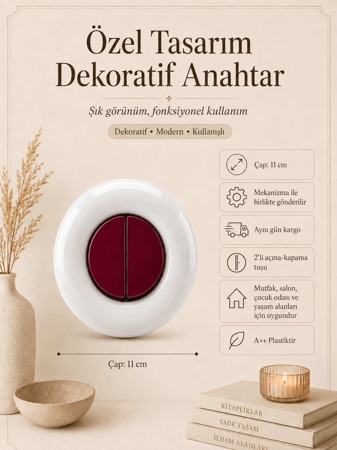 Özel Tasarım Bubble Serisi Dış Beyaz İç Bordo Dekoratif Anahtar A Kalite Plastik (Mekanizma Dahildir)