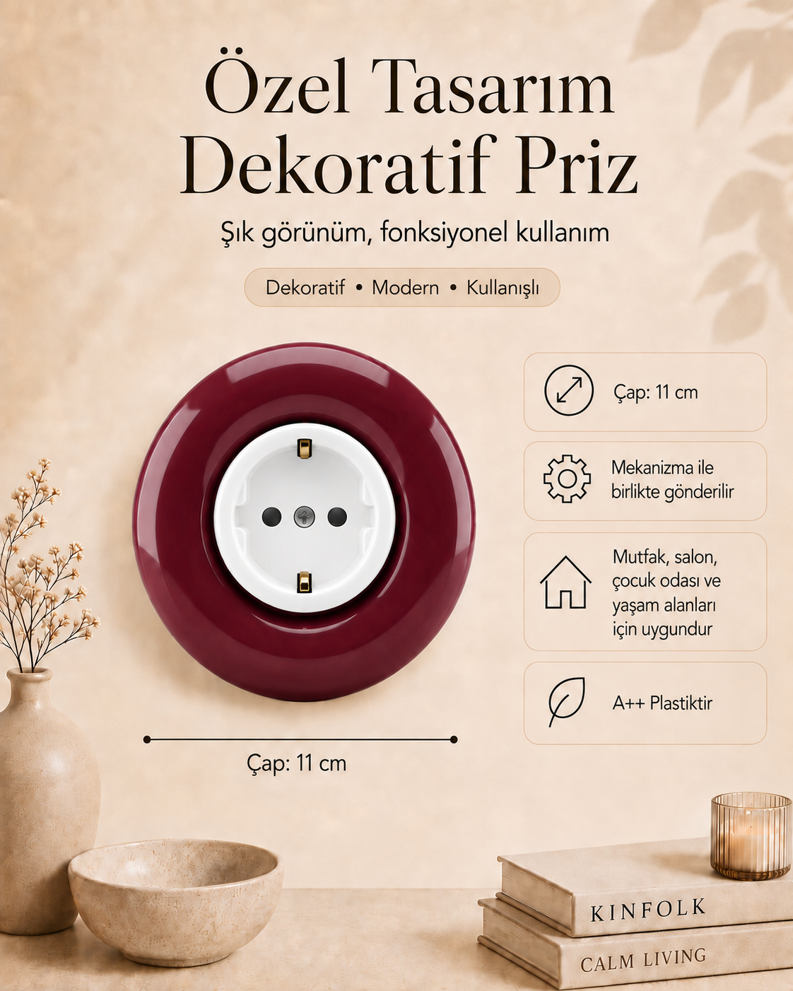 Özel Tasarım Bubble Serisi Dış Bordo İç Beyaz Dekoratif Priz A Kalite Plastik (Mekanizma Dahildir)